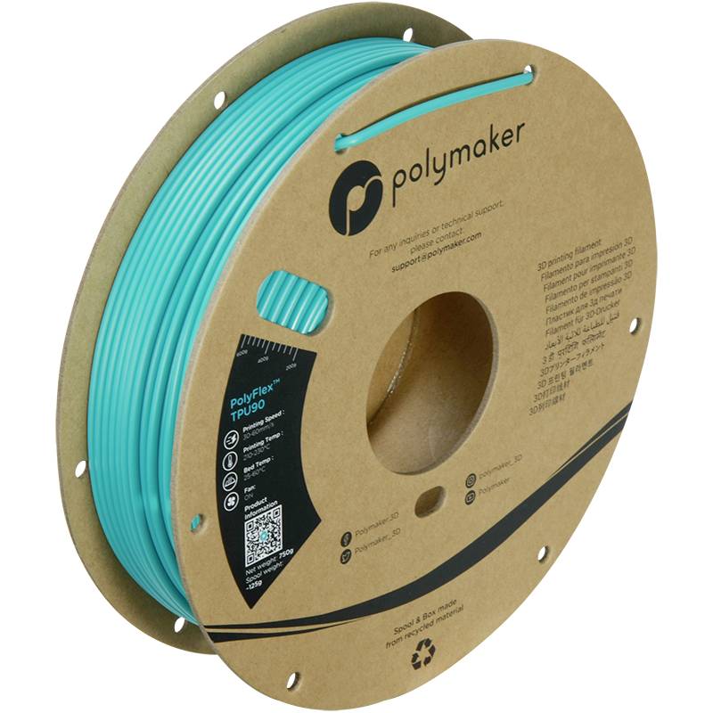 A roll of turquoise PolyFlex TPU90 3D printer filament from Polymaker, complete with label and material compatibility information.