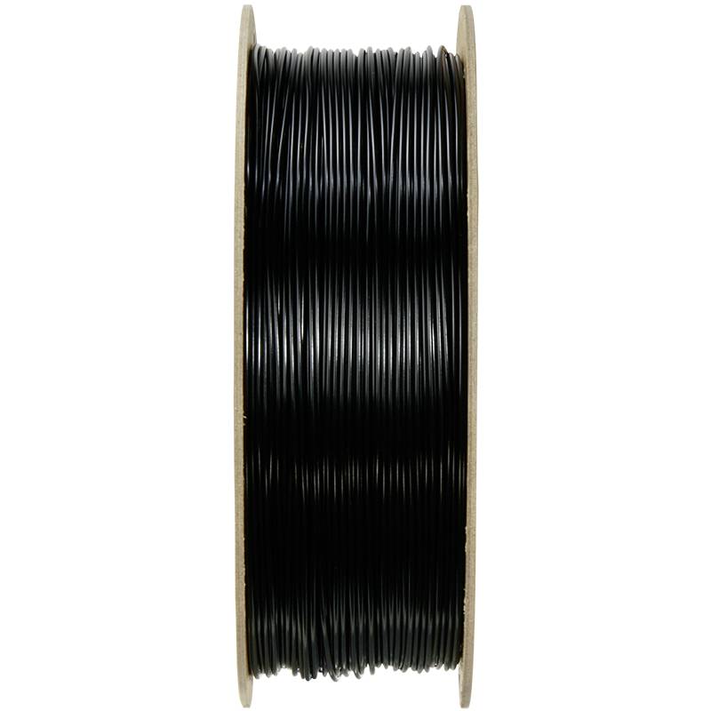 Black cable reel, viewed from the side, wound onto a wooden spool. Primarily used for electrical wiring.