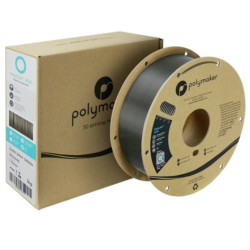 A roll of grey-green ASA filament from Polymaker sits in front of its matching product packaging. Ideal for 3D printing tasks.