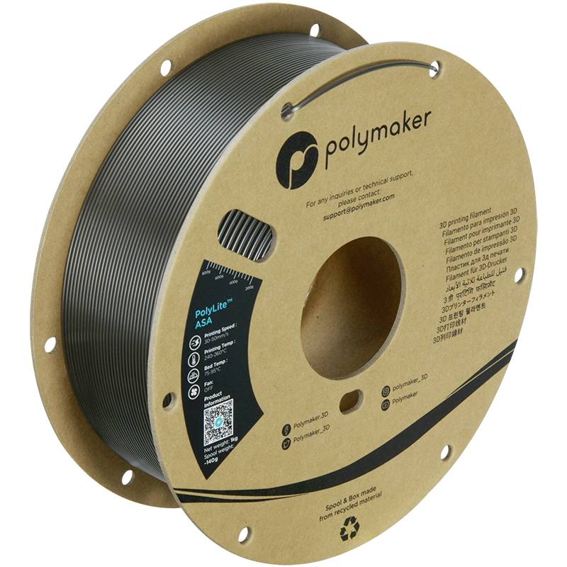 A spool of grey ASA 3D printer filament from Polymaker, mounted on a cardboard spool with markings for weight and diameter.
