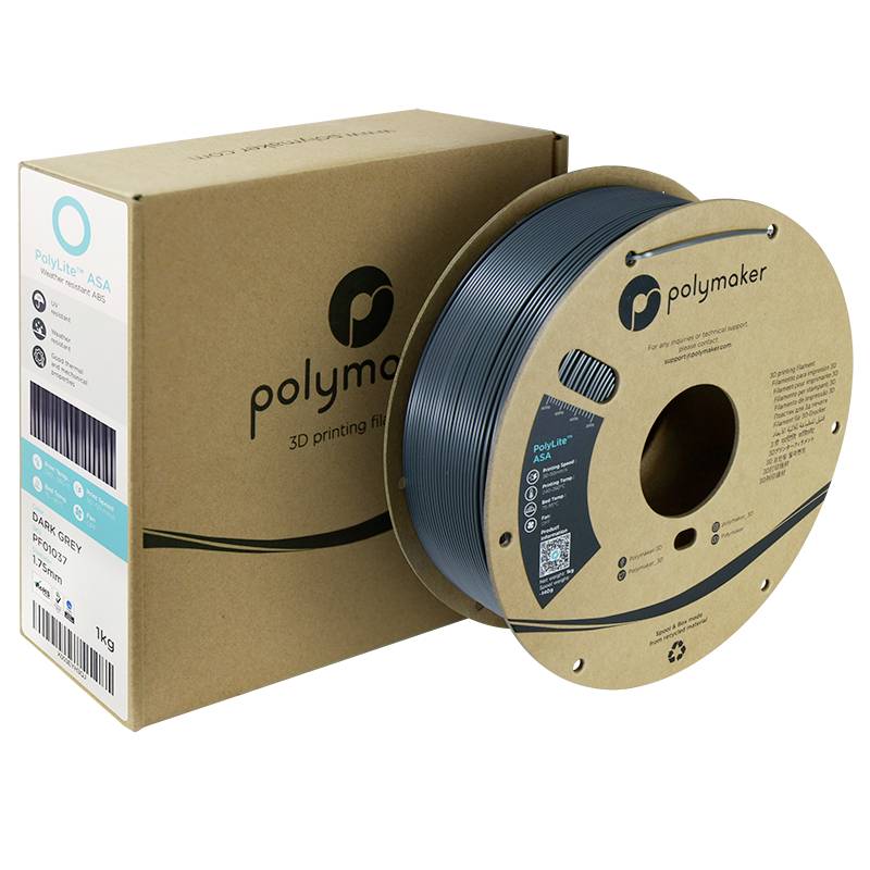 3D printing filament from Polymaker in a cardboard packaging. The filament is dark grey and the packaging displays brand and product information.