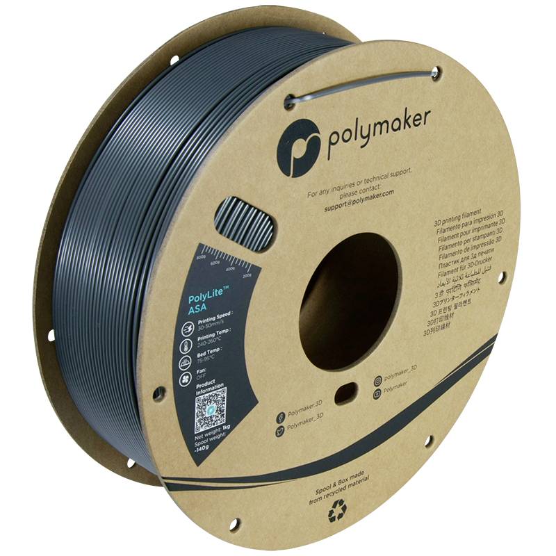 A roll of Polymaker ASA 3D printing filament with information about print temperature and material properties, wound on a cardboard spool.