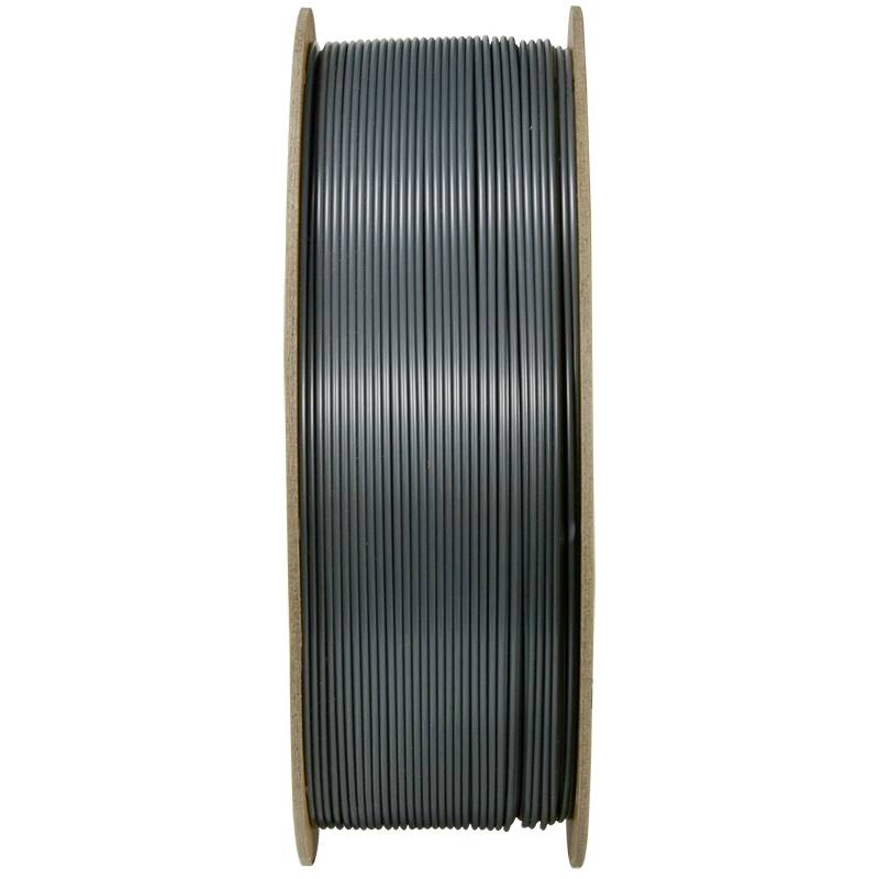 Black plastic 3D printing filament spool, positioned sideways, wound on a wooden reel. Ideal for precise printing applications.