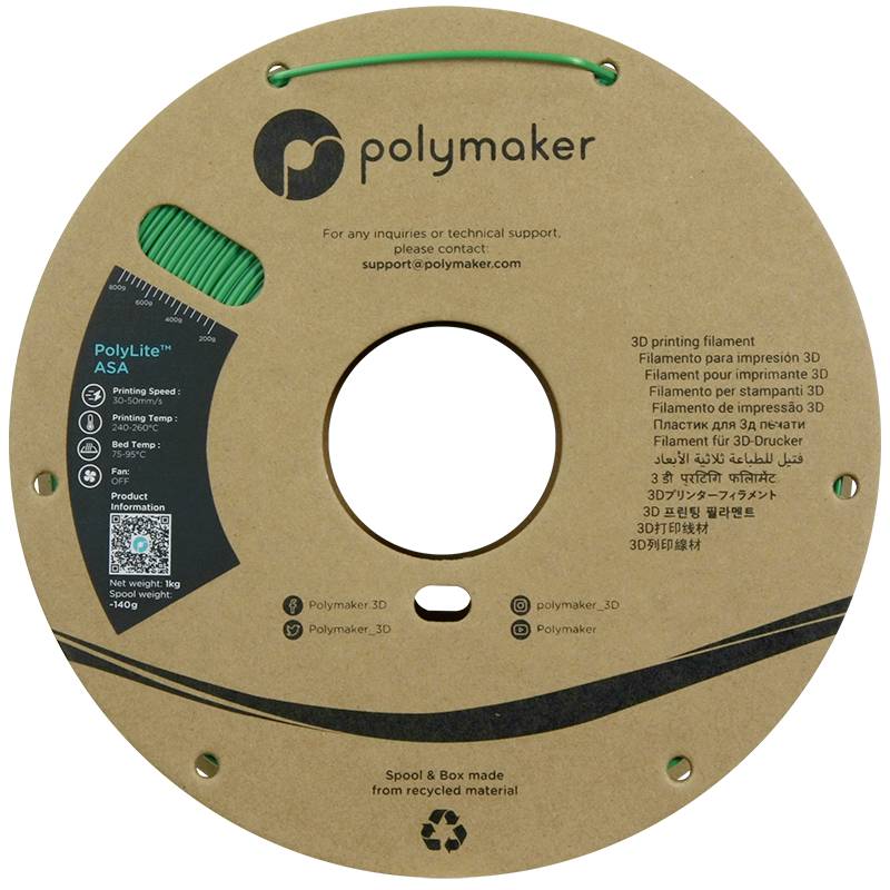Spool of green 3D printer filament from Polymaker. Information about the 'PolyLite' product range and material details is printed on the spool.