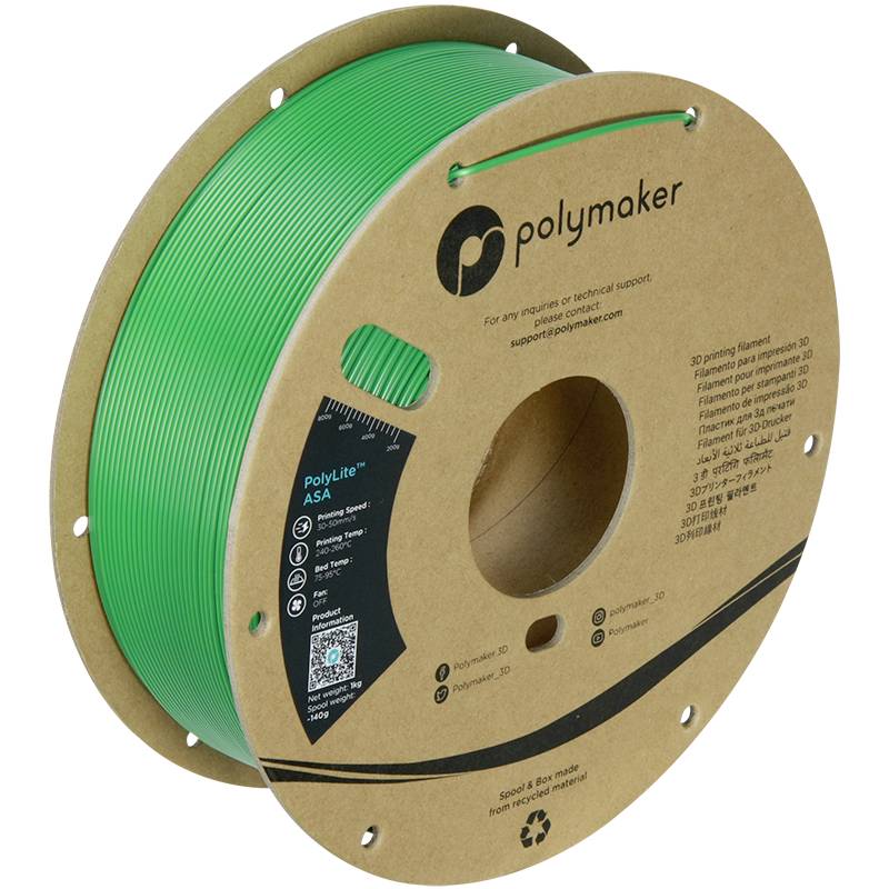 Green 3D printer filament spool by Polymaker, model PolyLite ASA. Eco-friendly, in a cardboard packaging with QR code and product details label.