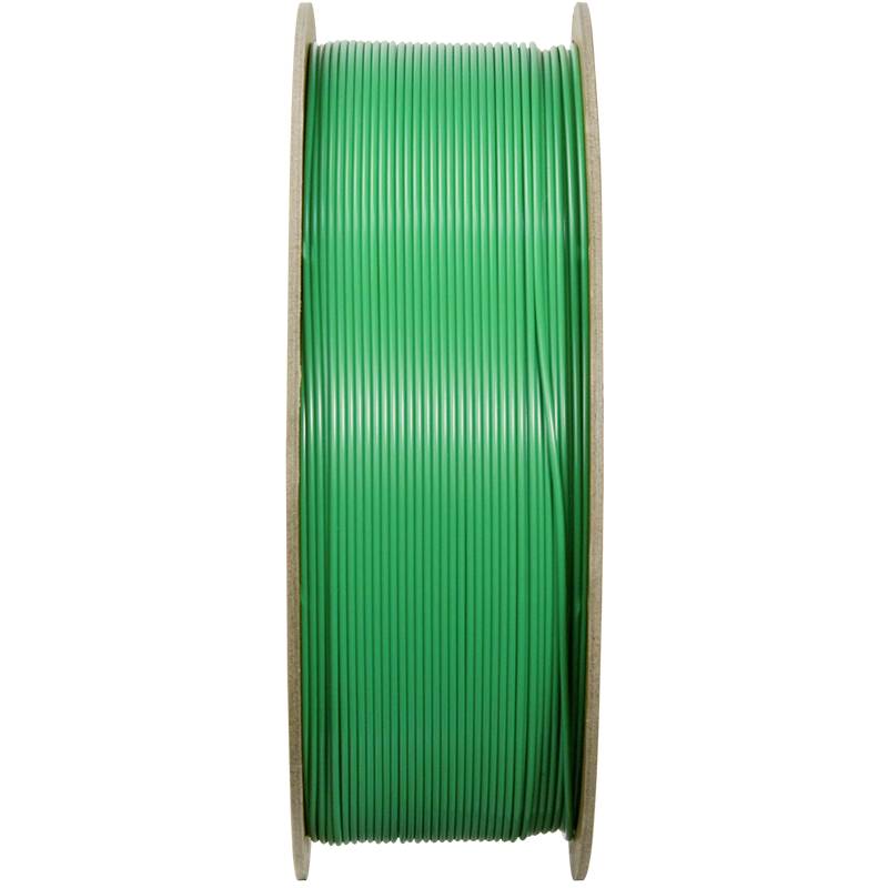 A green filament spool for 3D printers, held on wooden spools, standing vertically.