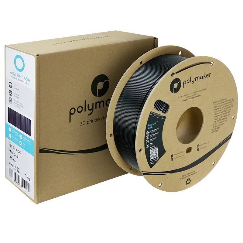 A roll of black 3D printer filament from Polymaker next to its matching packaging.
