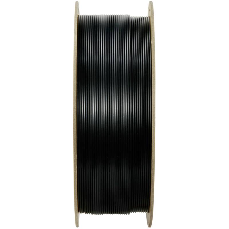 A black filament reel for 3D printers, tightly wound on a wooden spool.