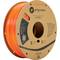 A spool of orange 3D printing filament by Polymaker, manufactured from recycled material. Packaging displays product details.