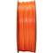 Orange filament reel for 3D printer, mounted on a spool, standing vertically.