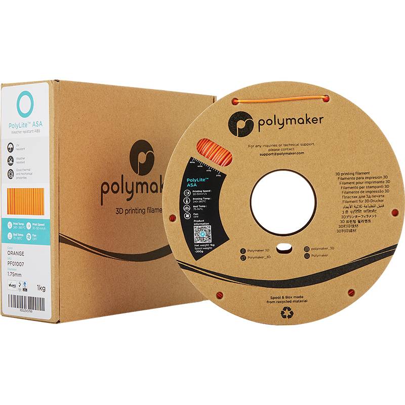 Polymaker ASA 3D Printing Filament in Orange, 1.75 mm, 1 kg Spool and Packaging. Robust material, ideal for outdoor applications.