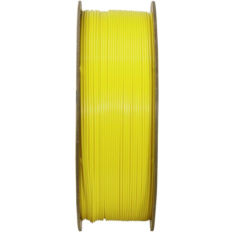 Yellow plastic reel, likely a filament for 3D printing. The spool is cylindrical and consists of multiple windings.
