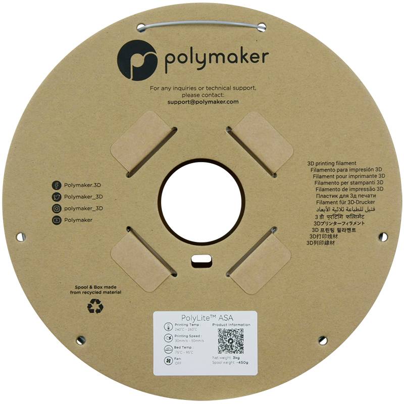 'Polymaker' filament spool made from recycled material, including product information and support details, in a round cardboard packaging with a central opening.