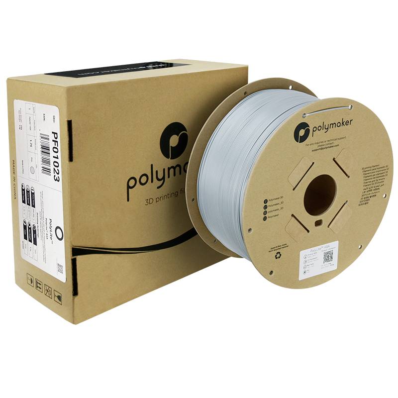 A brown packaging and a large spool of grey 3D printer filament by the brand Polymaker.