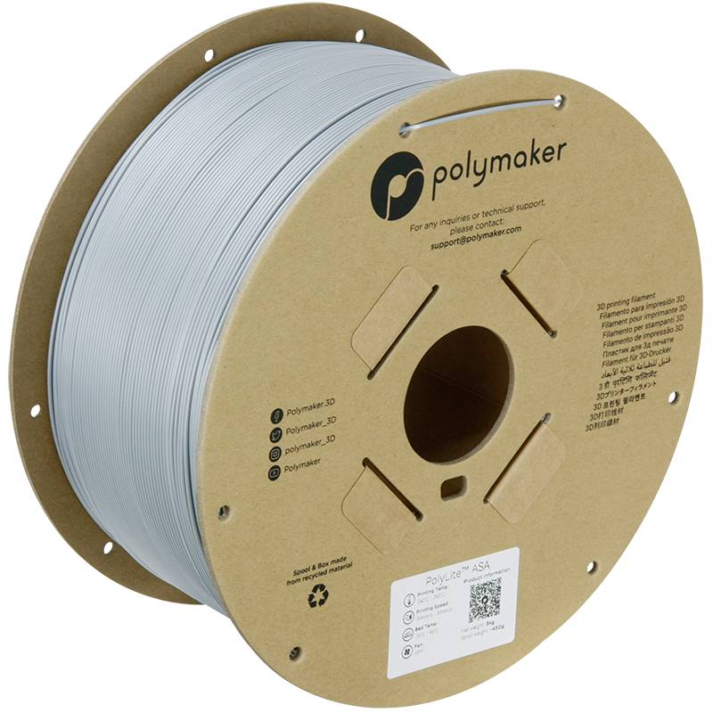A reel of grey 3D printer filament from Polymaker. The cardboard packaging displays the brand name, contact information, and a QR code.
