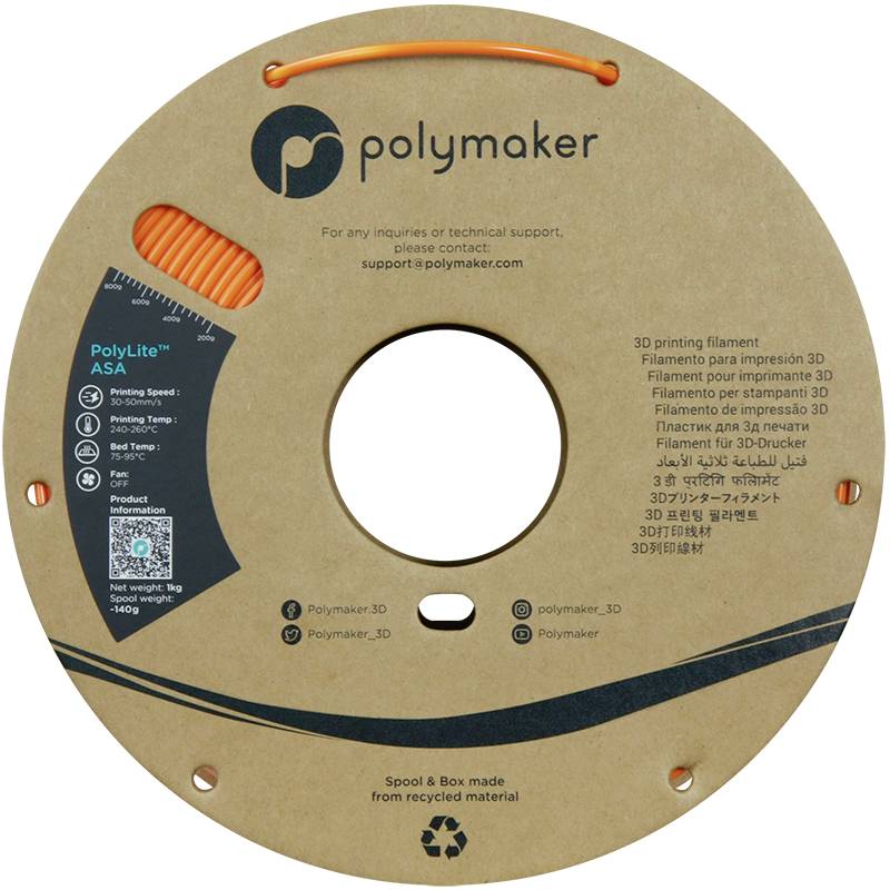 A spool of orange 3D printing filament, brand name 'Polymaker', material 'PolyLite ASA', surrounded by multilingual descriptions.