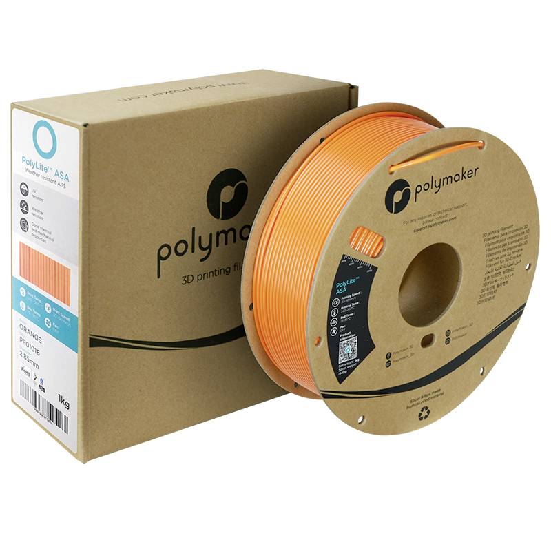 A reel of orange 3D printer filament next to a brown packaging with the 'Polymaker' logo; for 3D printing applications.
