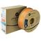 A reel of orange 3D printer filament next to a brown packaging with the 'Polymaker' logo; for 3D printing applications.