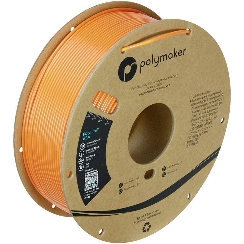 A roll of orange 3D printer filament from Polymaker, labelled 'PolyLite ASA', packaged in recycled cardboard.