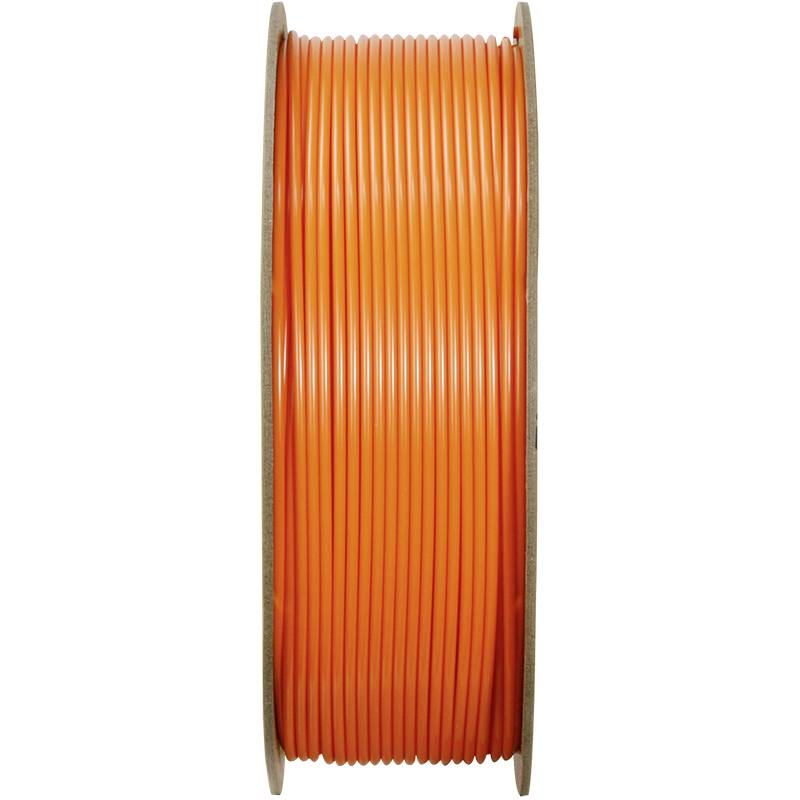 Orange plastic reel of 3D printer filament, standing against a white background.