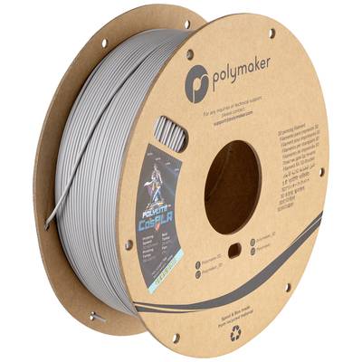 PLA filament spool by Polymaker, grey, 3D printing material, suitable for use in 3D printers.