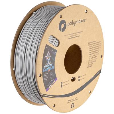 A spool of grey 3D printer filament from Polymaker, labelled as 'PolyLite CosPLA'.