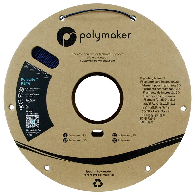 Spool of Polymaker PETG 3D printer filament, 1.75 mm diameter, recycled material, 3D printing speed: slow pace.