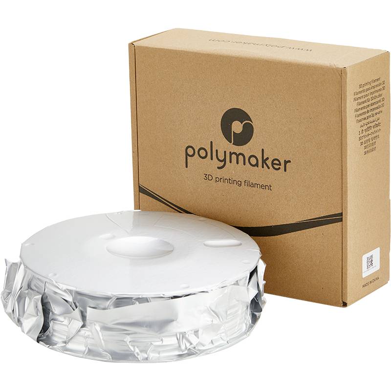 3D printing filament material in silver foil beside brown packaging with 'Polymaker' logo and text '3D printing filament'.