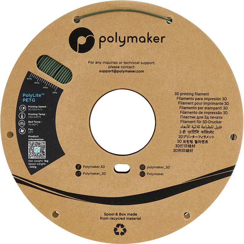 Spool of green 3D printer filament by Polymaker. Printed with technical details and manufacturer's contact information.