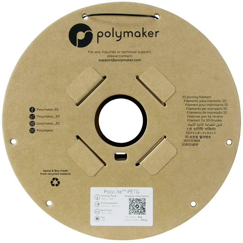 A brown PolyLite PETG filament spool from Polymaker. Contains contact information and social media handles.