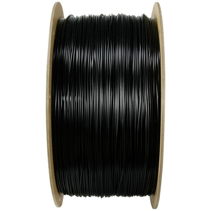 A large coil of black plastic wire, evenly wound, against a neutral background.