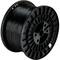 Large black spool with wound wire or cable. The spool has side openings and a sturdy structure.