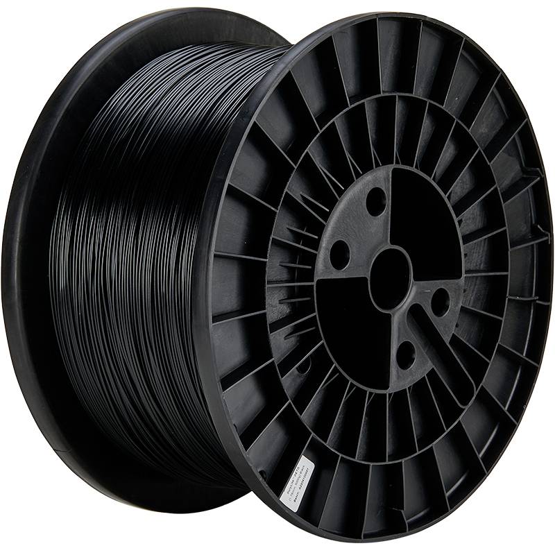 Black plastic spool with wire wound around it, viewed from the side.