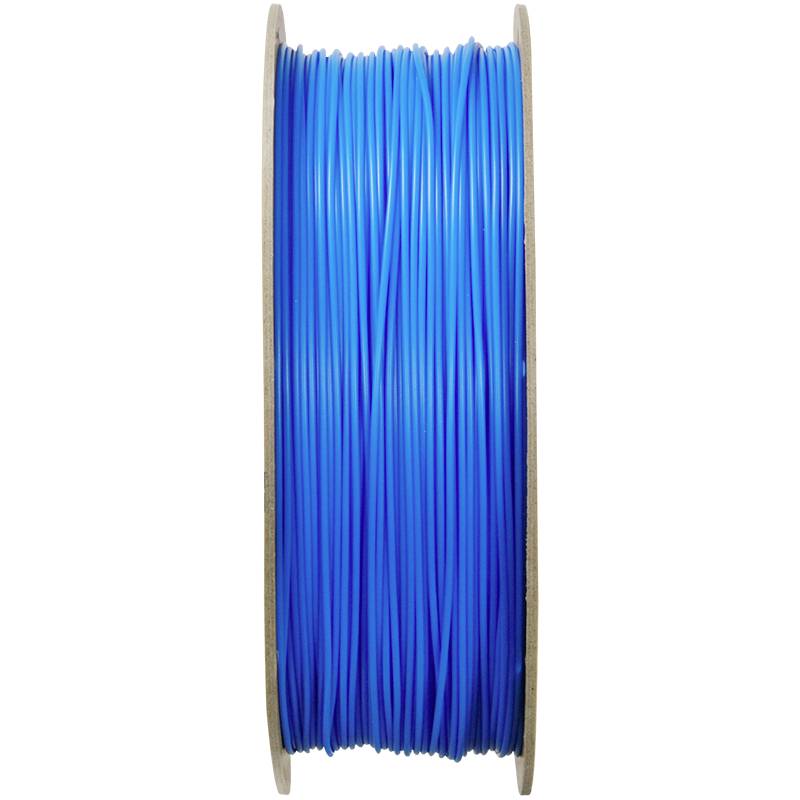 A spool of blue 3D printer filament, evenly wound, ready for use in 3D printing projects.