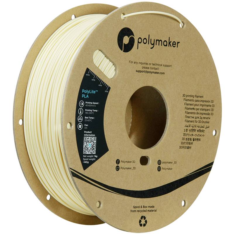 Spool of bright 3D printer filament, Polymaker brand. Label shows PLA material, QR code and contact information.