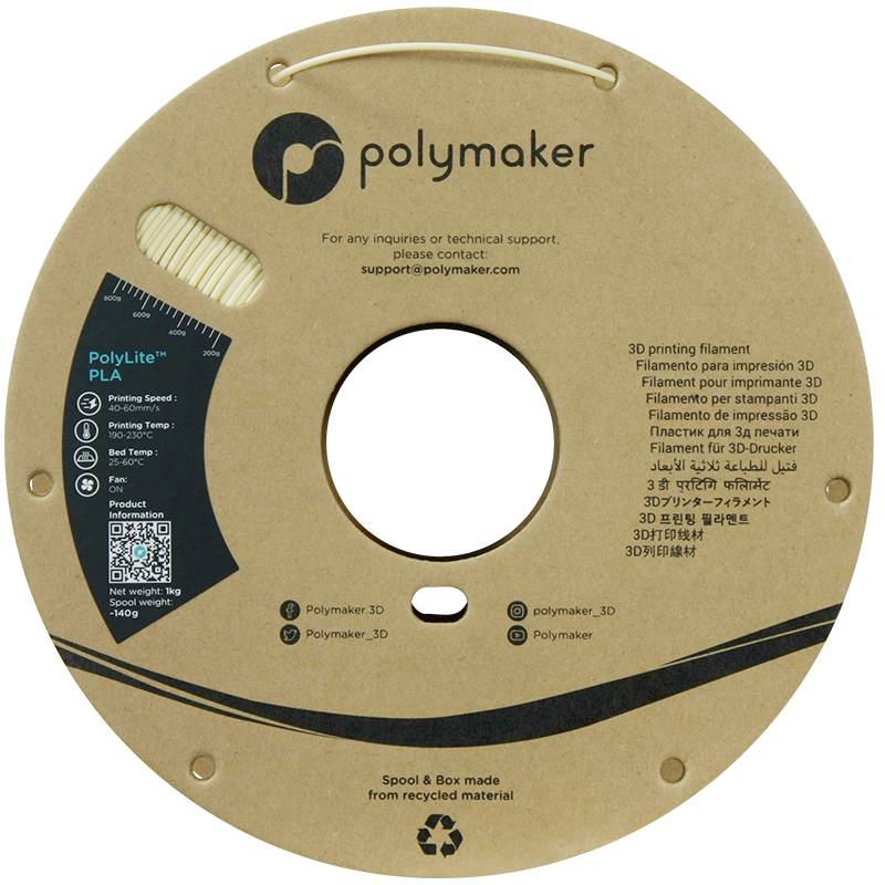 Round spool made from recycled material with Polymaker logo, showing details of PolyLite PLA filament such as diameter and print temperature.