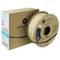 A reel of beige 3D printer filament next to a cardboard-coloured box from 'Polymaker'. The filament type is PLA, 1 kg.