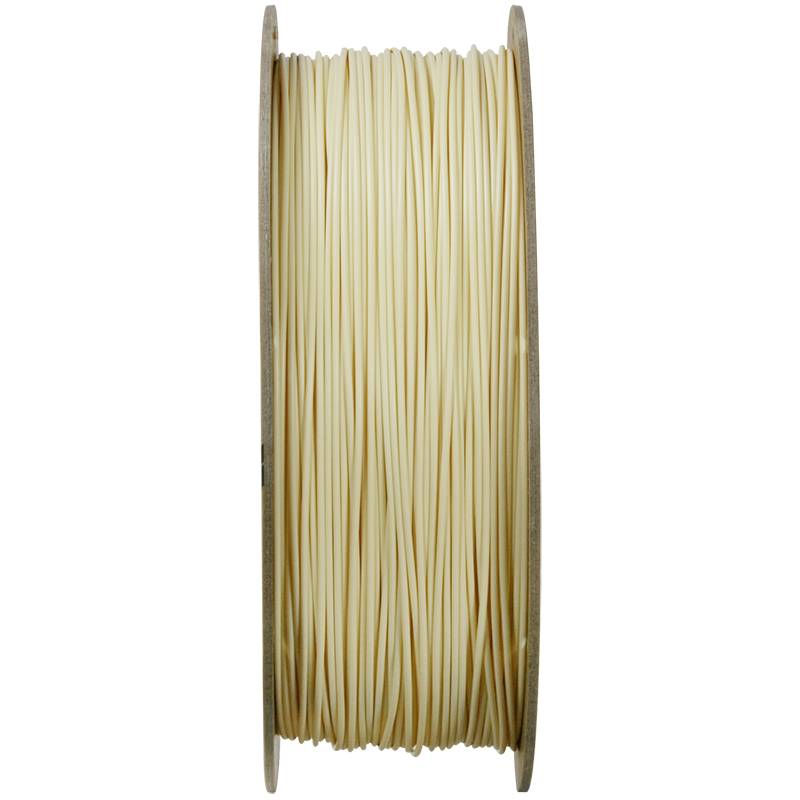 Reel with beige filament, wound and ready for use in a 3D printer.