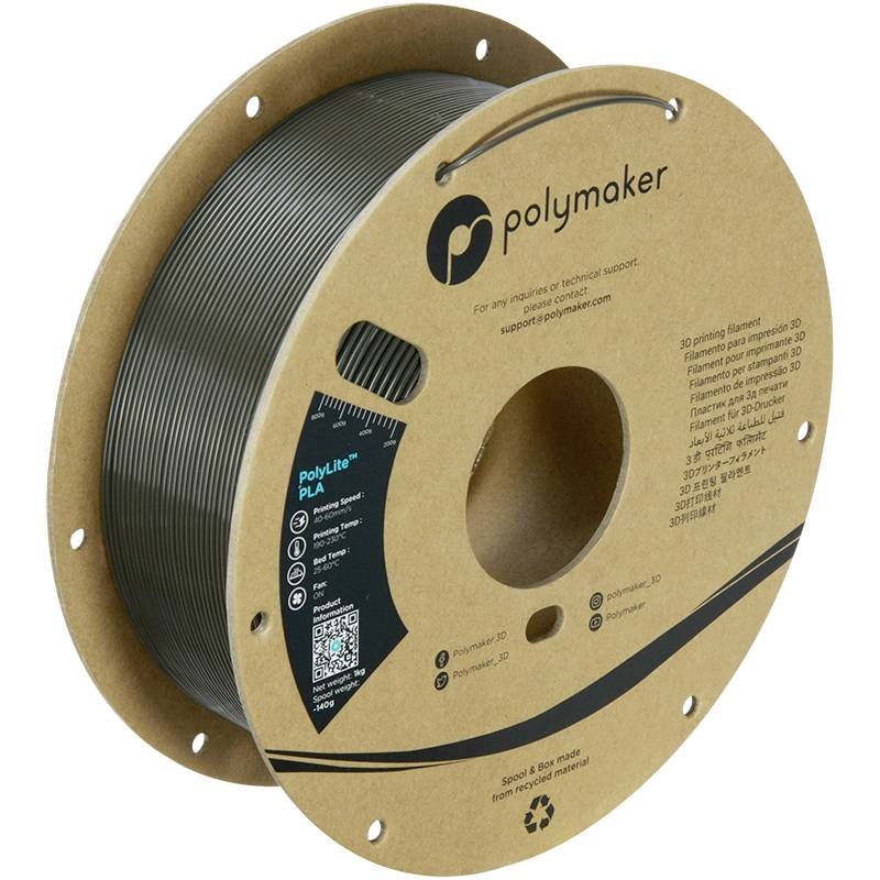 Reel of grey PLA filament from Polymaker for 3D printers, accompanied by a label with product information and contact details.