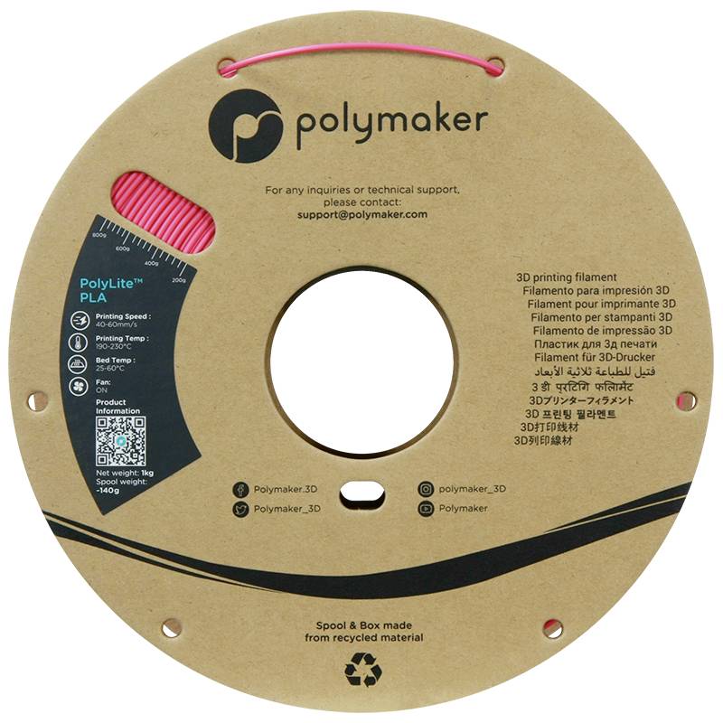 Reel of PolyLite PLA Filament in Pink by Polymaker, 1.75 mm, 1 kg. Packaging made from recycled material, with multilingual labelling.