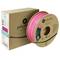 Spool of magenta 3D printer filament next to a cardboard packaging box by Polymaker, label displaying product specifications.