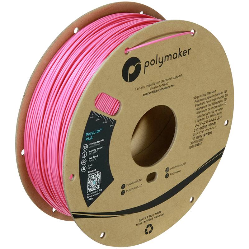 A roll of pink PLA 3D printer filament by the brand Polymaker, with a label and QR code on the packaging.