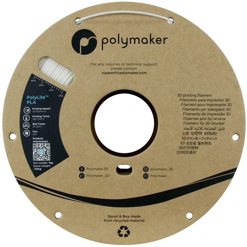 Black spool with white 3D printing filament, brand Polymaker. Material: PLA. Spool and packaging made from recycled material.