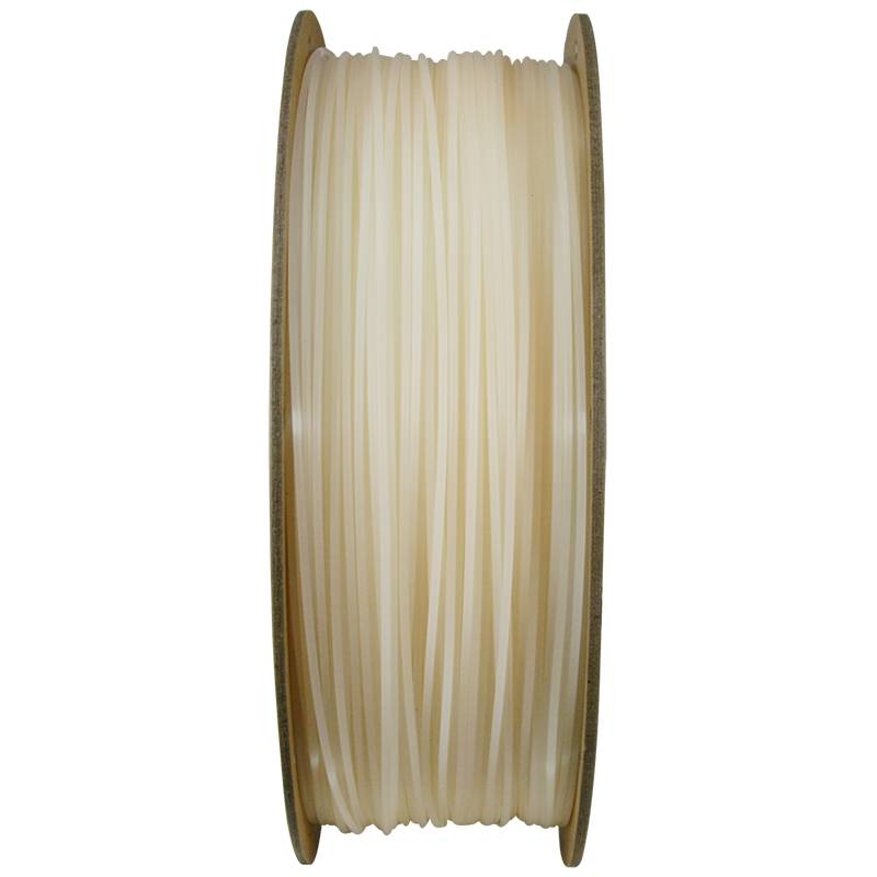 A reel of beige 3D printer filament.