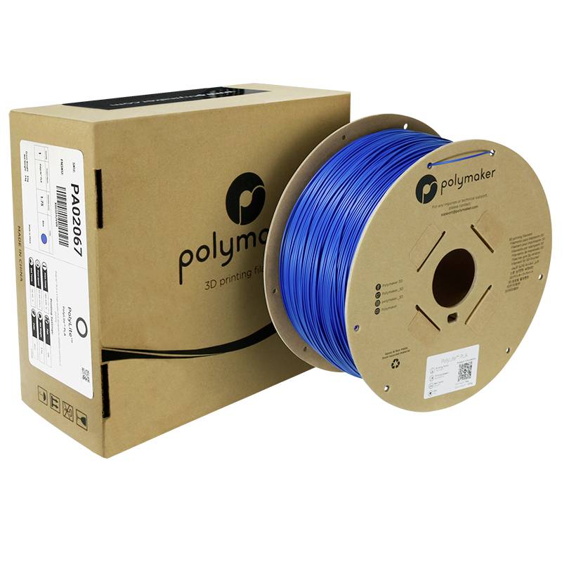 A pack and a spool of blue 3D printer filament by Polymaker, model number PA0627.