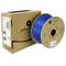 A pack and a spool of blue 3D printer filament by Polymaker, model number PA0627.