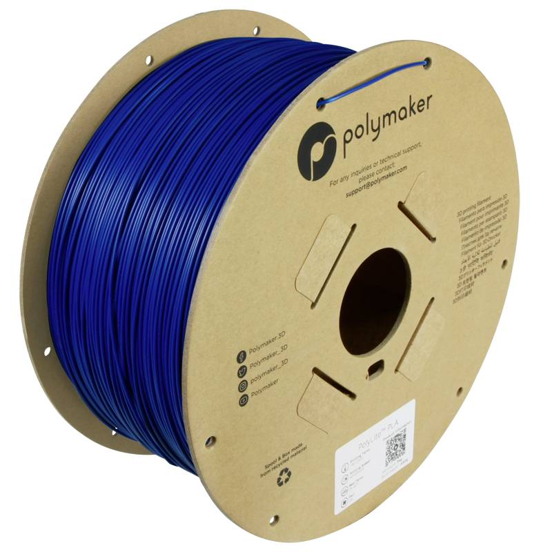 Blue filament on a cardboard spool from Polymaker, used for 3D printing.