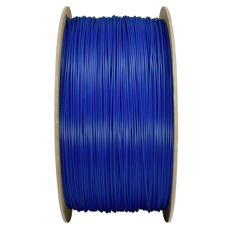 A large reel of blue plastic wire, tightly wound. Suitable for 3D printers or similar applications.