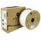 Cardboard box and a spool of white 3D printer filament by the brand Polymaker. Box displays product details and intended use.
