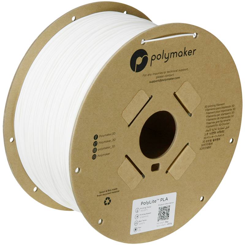 A spool of white 3D printing filament by Polymaker, type 'PolyLite PLA'. The spool is in a cardboard packaging with a logo and QR code.